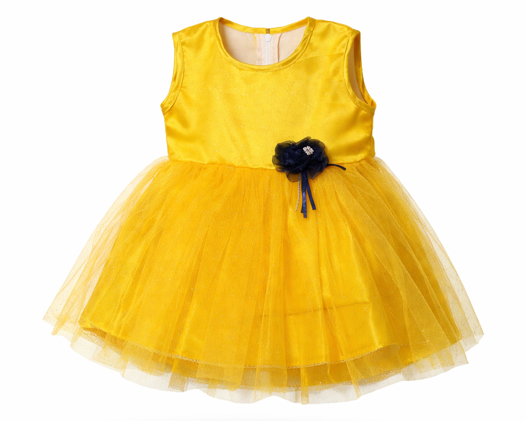 Yellow dress with a floral bow on a white background
