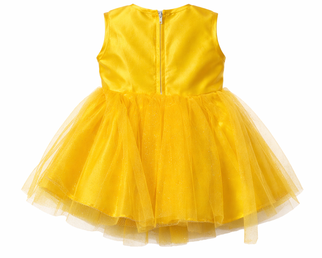 Yellow dress with a tulle skirt on a white background