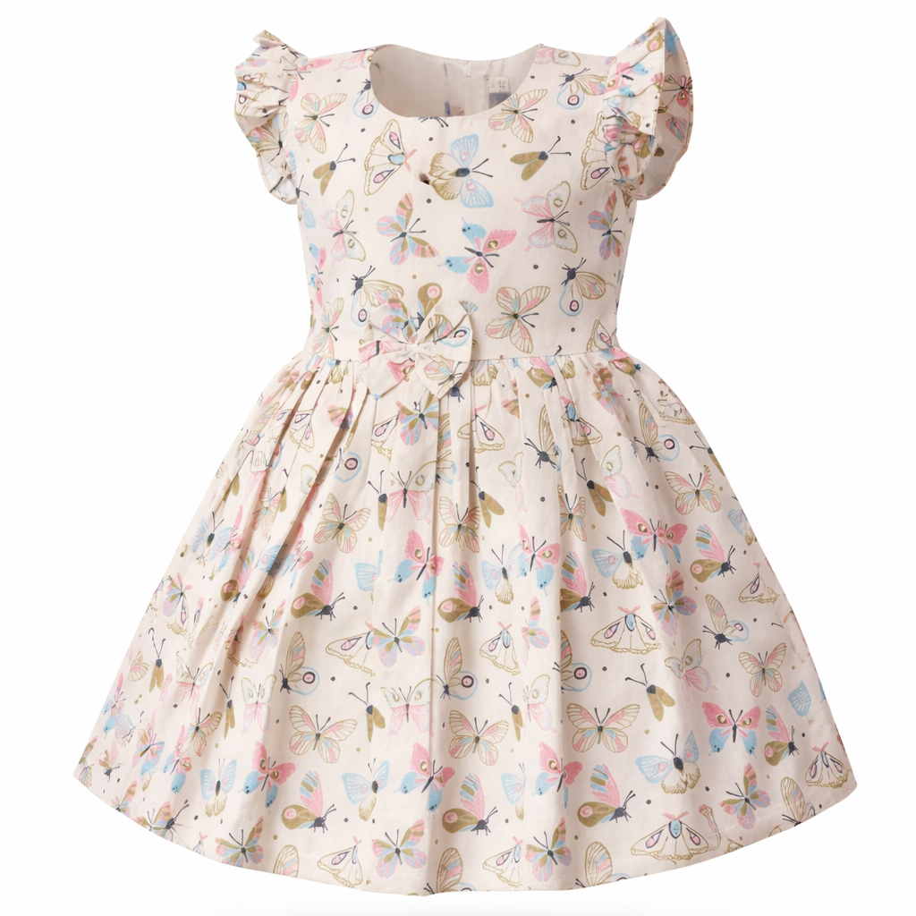 Floral dress with butterfly pattern on a white background