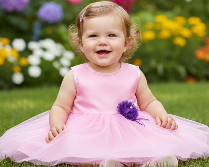 Pink dress with a purple flower on a white background