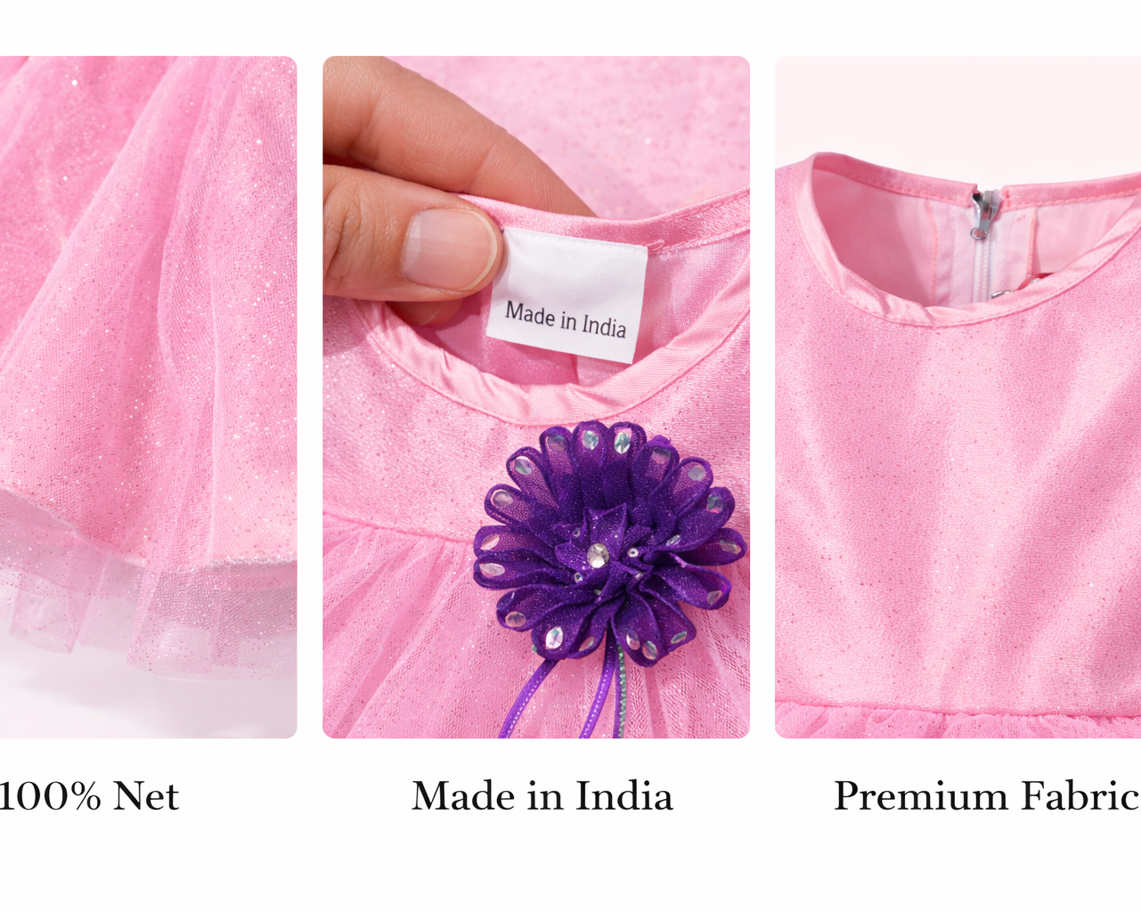 Pink fabric with a close-up of a label, a flower detail, and a full view of the fabric.
