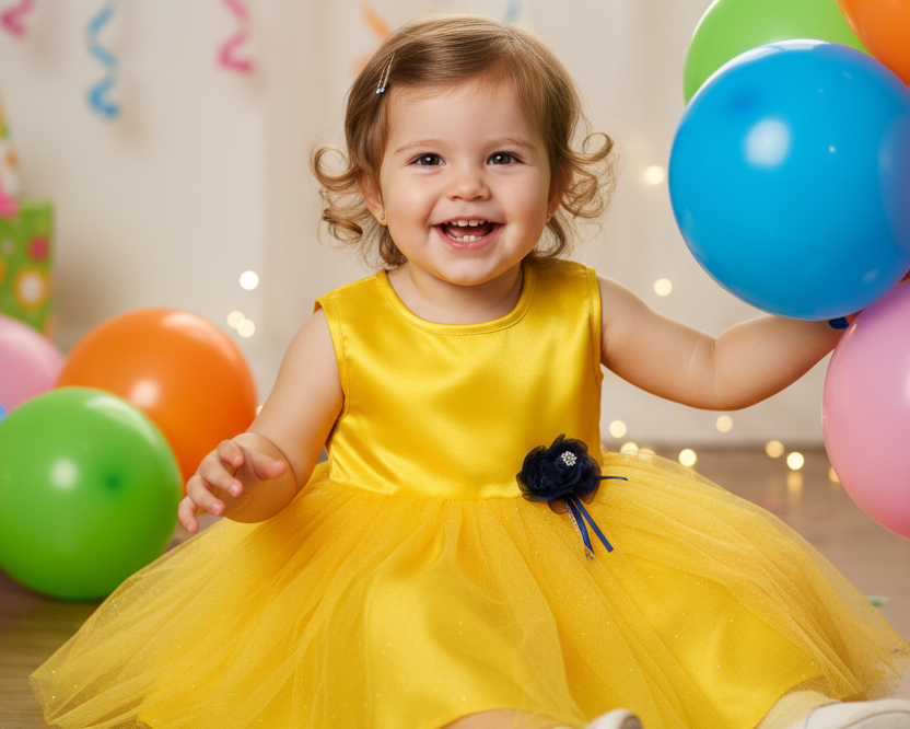 Child in a yellow dress holding colorful balloons with a festive background