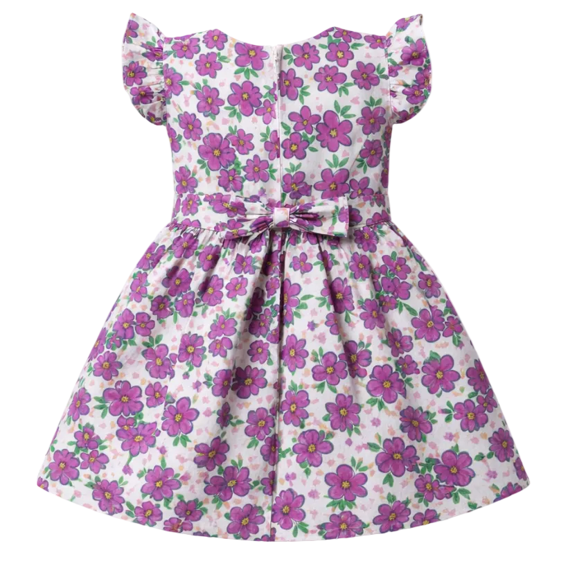 Floral dress with purple flowers on a white background