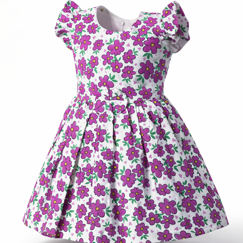 Floral dress with purple flowers on a white background