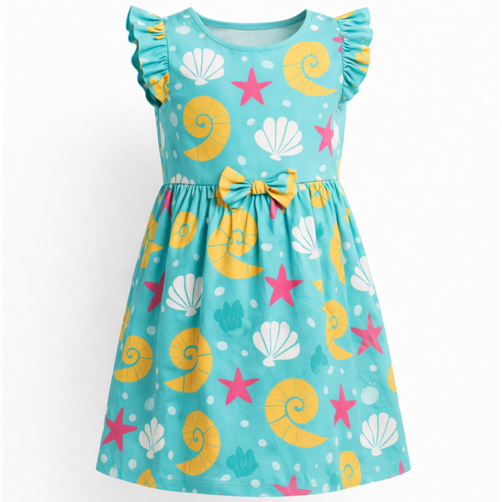 Children's dress with sea-themed pattern on a white background
