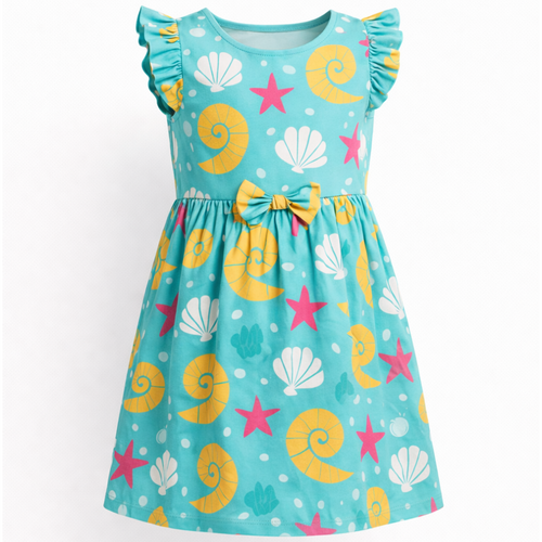 Children's dress with sea-themed pattern on a white background