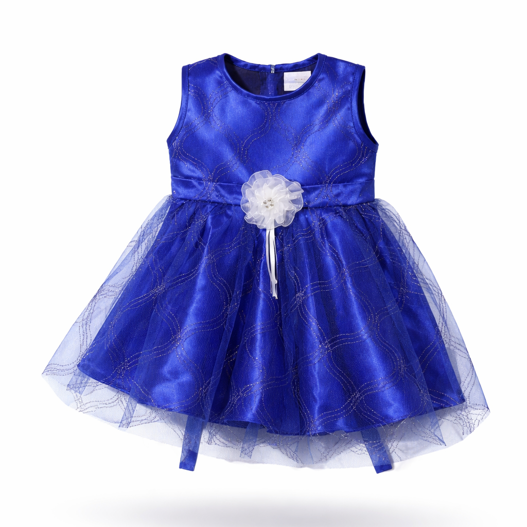 Blue dress with a white flower on a white background