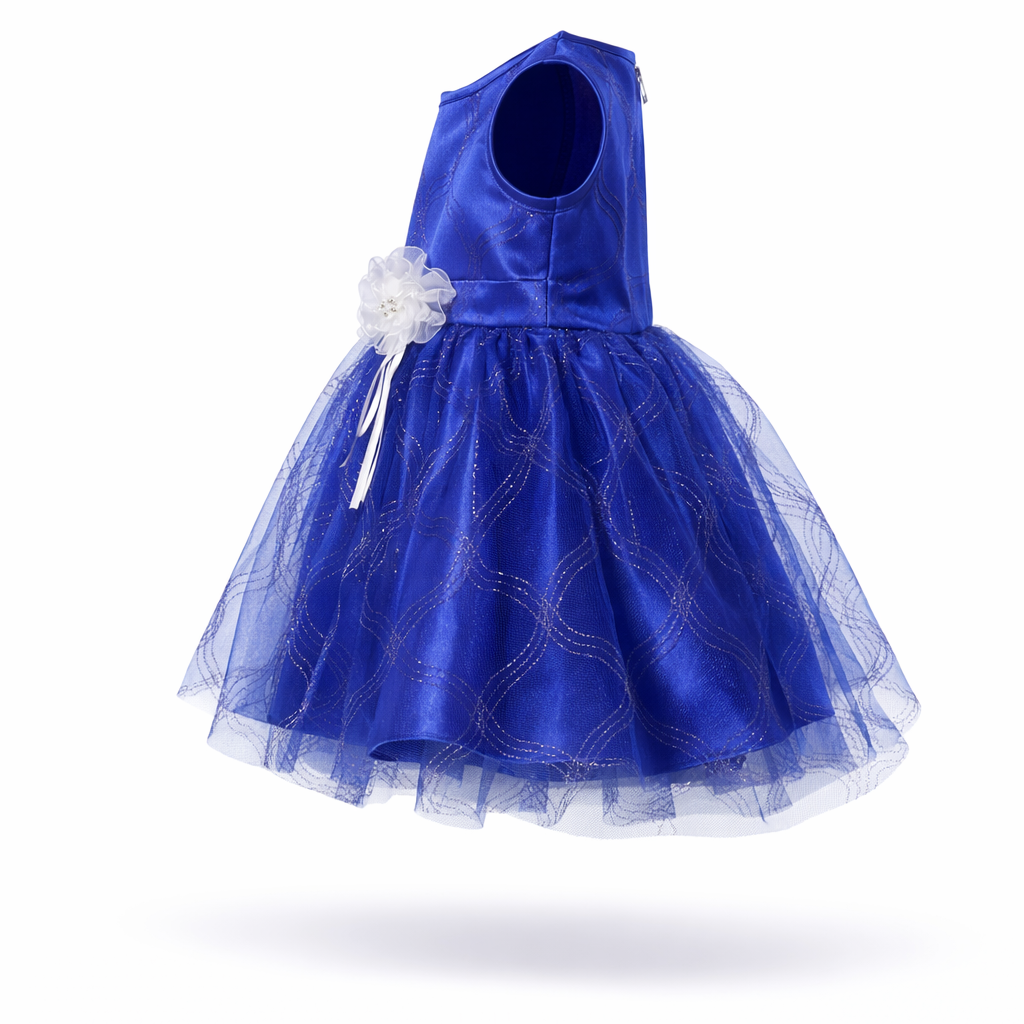 Blue dress with a white flower on a white background