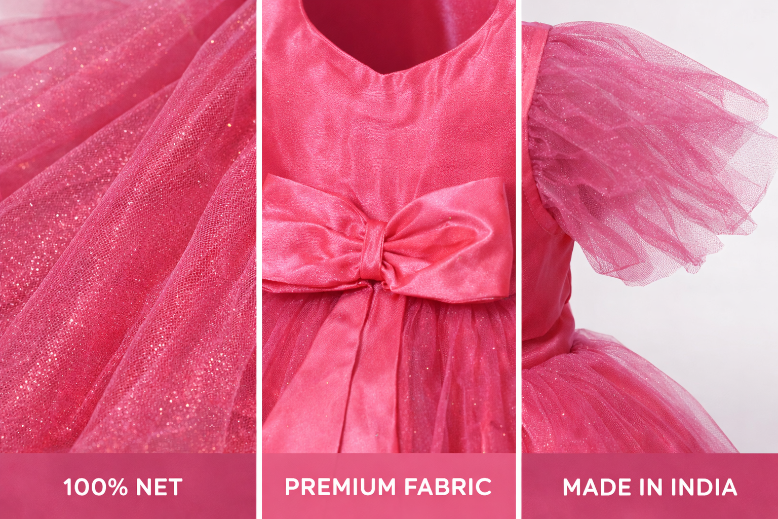 Pink dress with tulle skirt and bow detail, labeled as 100% net, premium fabric, and made in India.